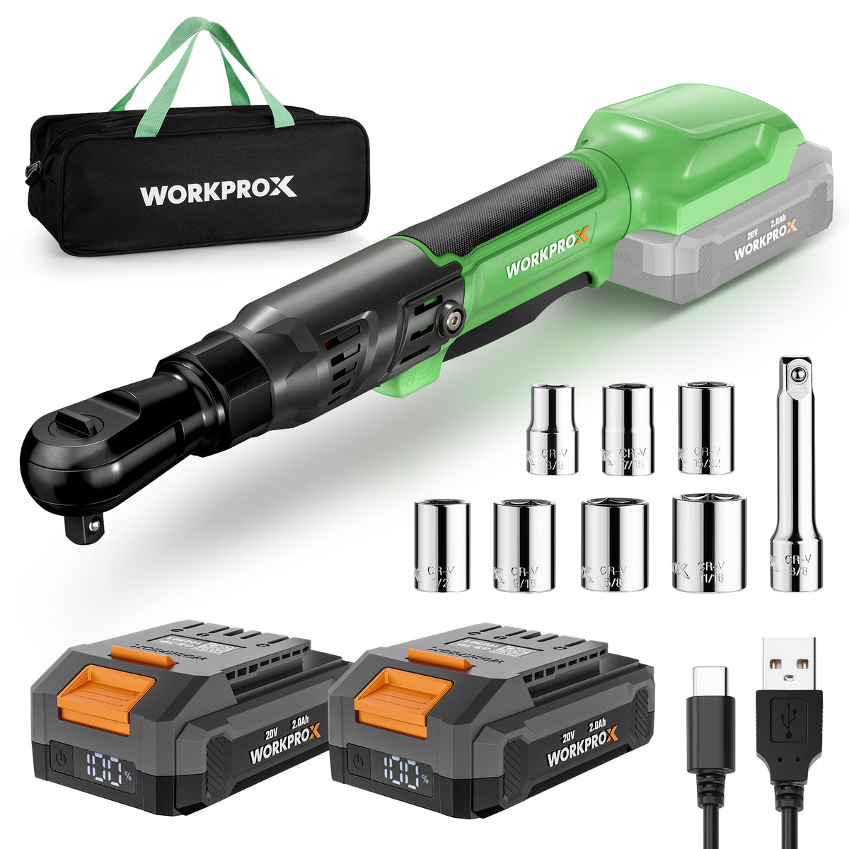 WORKPROX 20V cordless ratchet wrench kit with green and black quality innovation, secure LED and indicator
