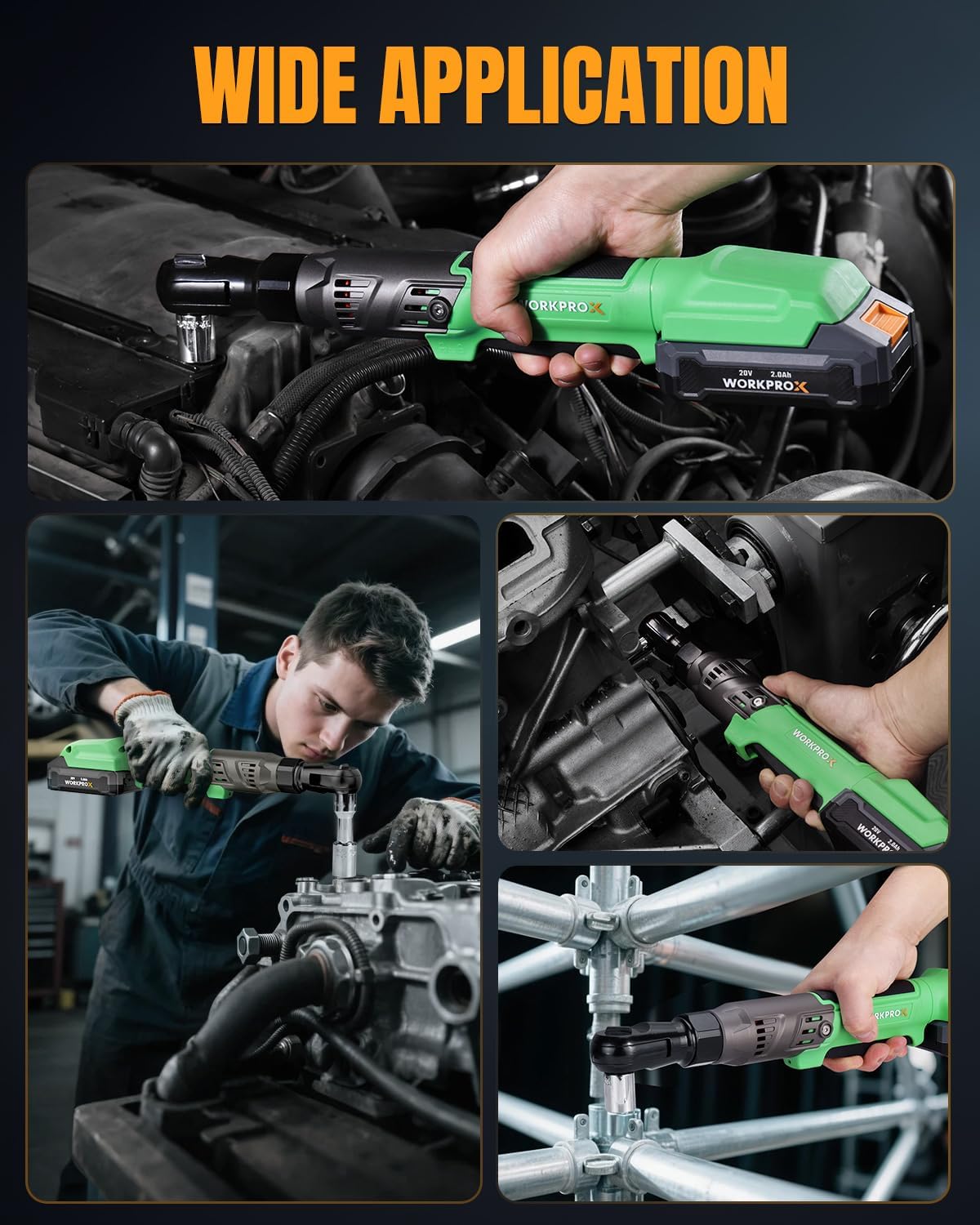 Cordless ratchet wrench with green handle and socket, held among tools in a kit