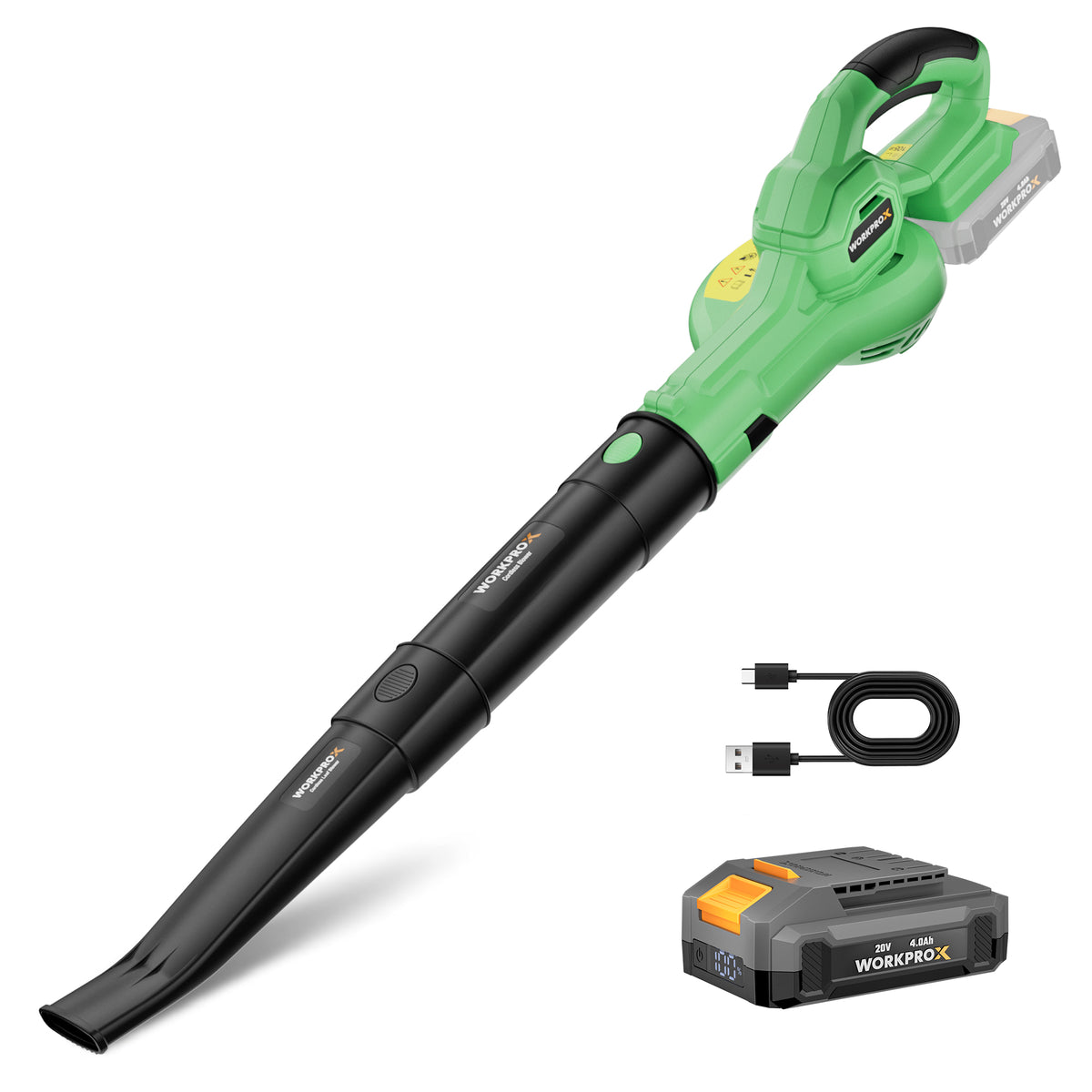 Workprox 20V cordless electric leaf blower in green and black with a lightweight 4.08 pound design.