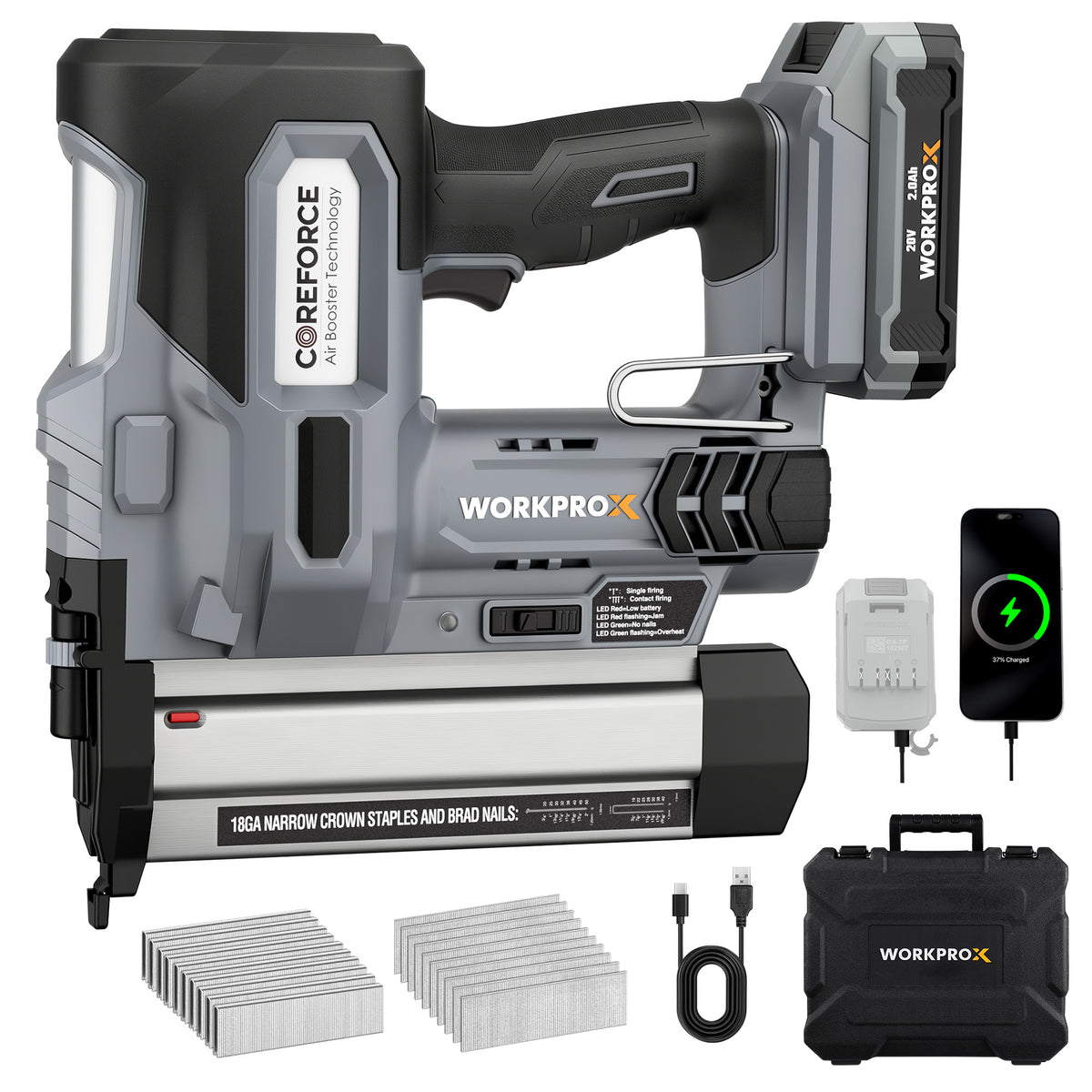 Cordless brad nailer kit with gray tool, battery, charger, and nail and staple assortment