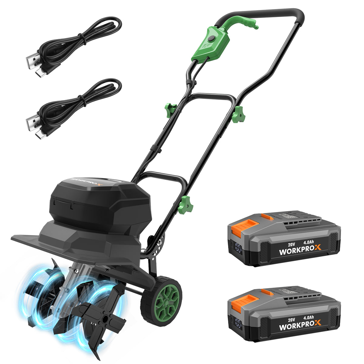 Workprox 40V cordless garden tiller, 12 inch cultivator in green and black for garden bed preparation.