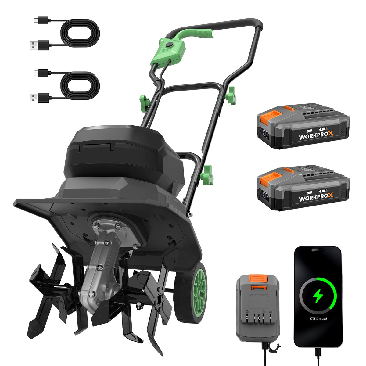 Cordless garden tiller, green handle, black body with steel tine blades