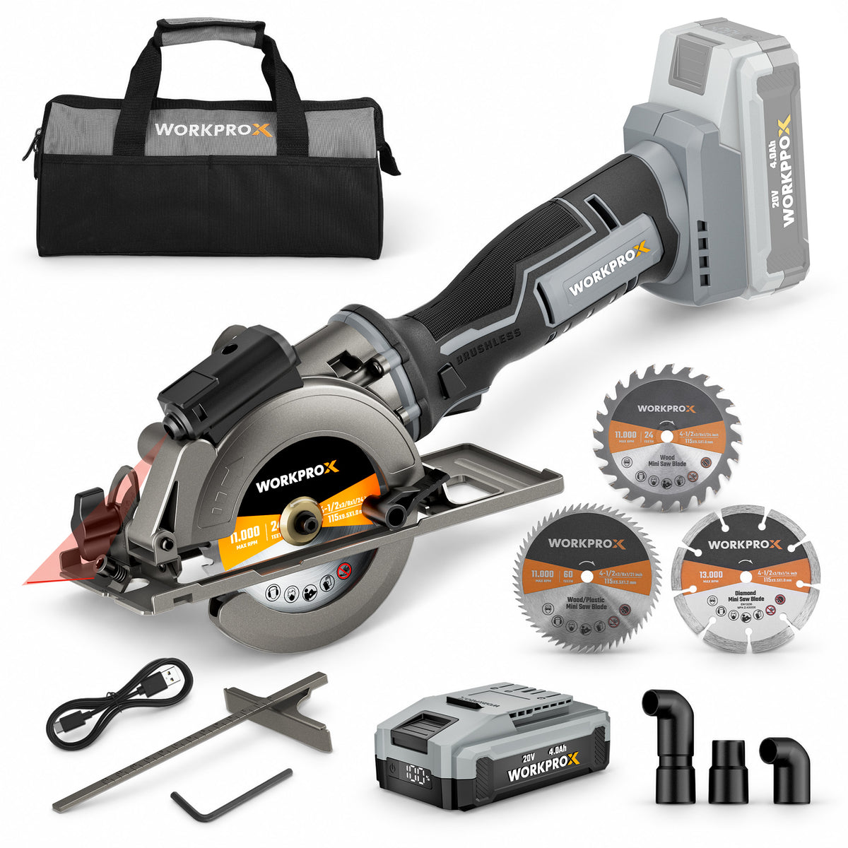 Workprox 20V 4-1/2 inch cordless mini circular saw in gray and black with a 4,000 RPM brushless motor and charger