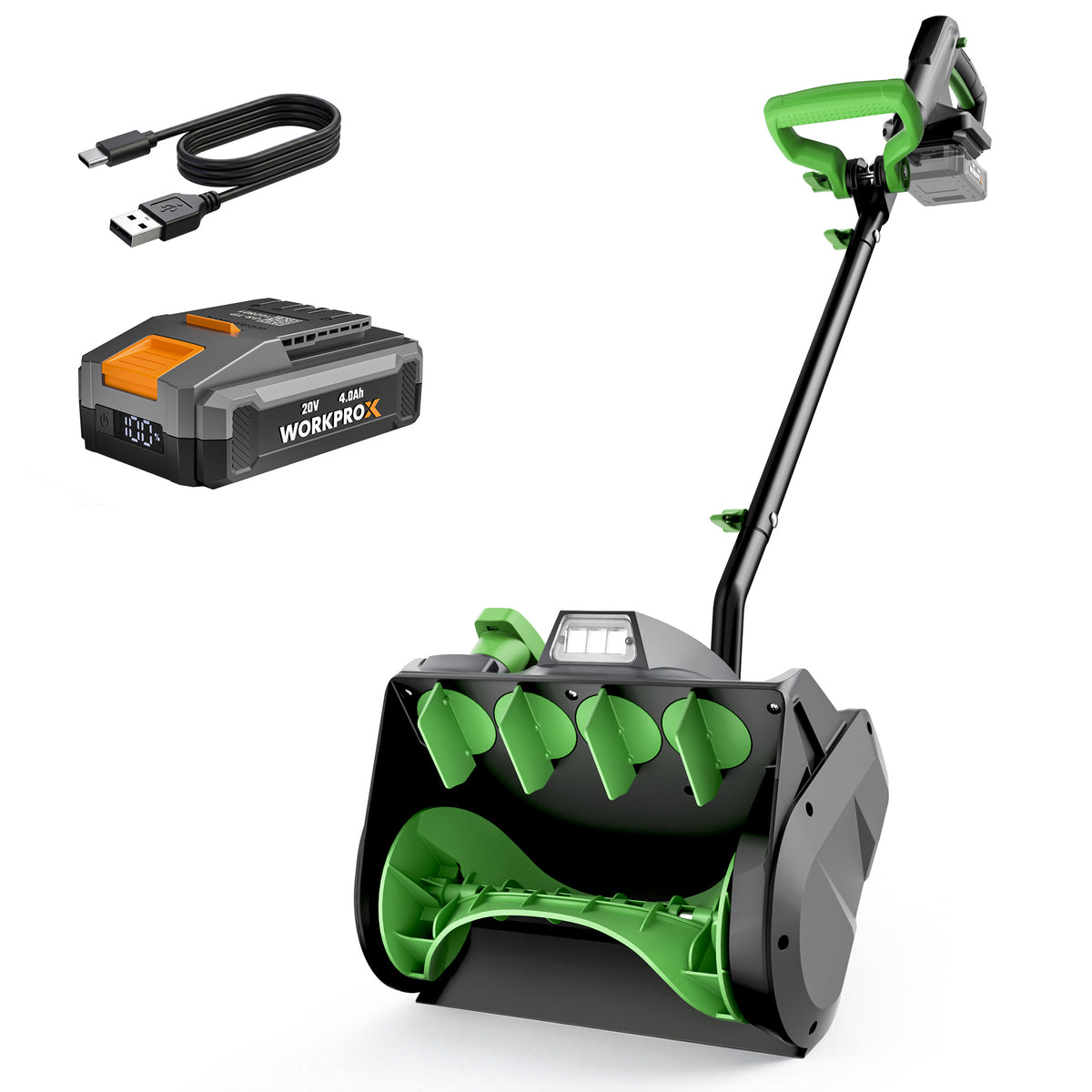 Workprox cordless snow shovel in green and black with a 6 inch clearing depth and brushless motor.