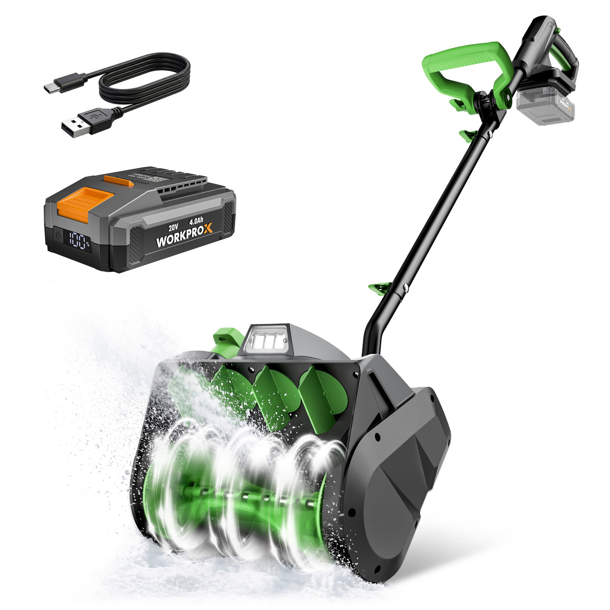 Workprox cordless snow shovel in green and black with a brushless motor reaching up to 2,300 RPM