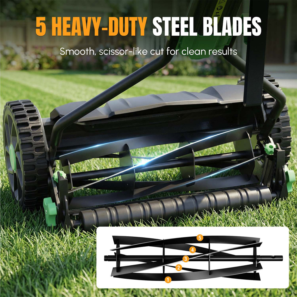 Reel mower blade drum with steel blades inside the black mower deck