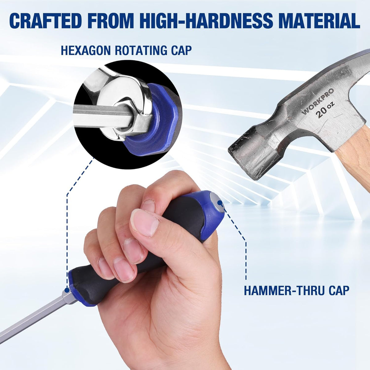 WORKPRO magnetic go-thru screwdriver with hex rotating cap and blue ergonomic handle