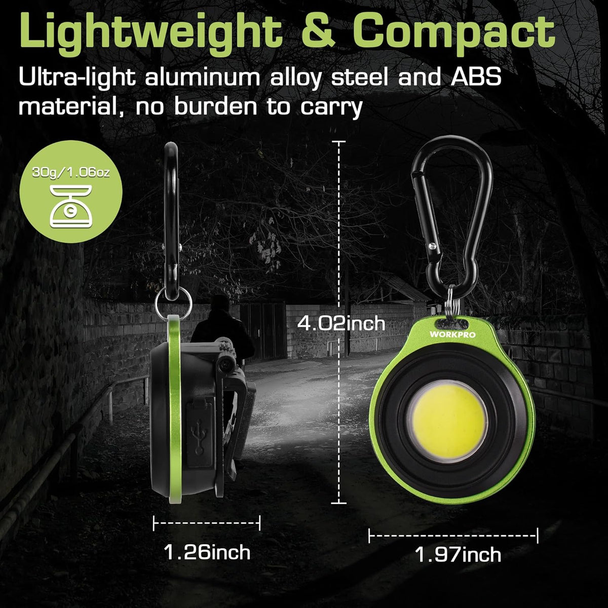 Compact green and black COB keychain flashlight with metal carabiner loop