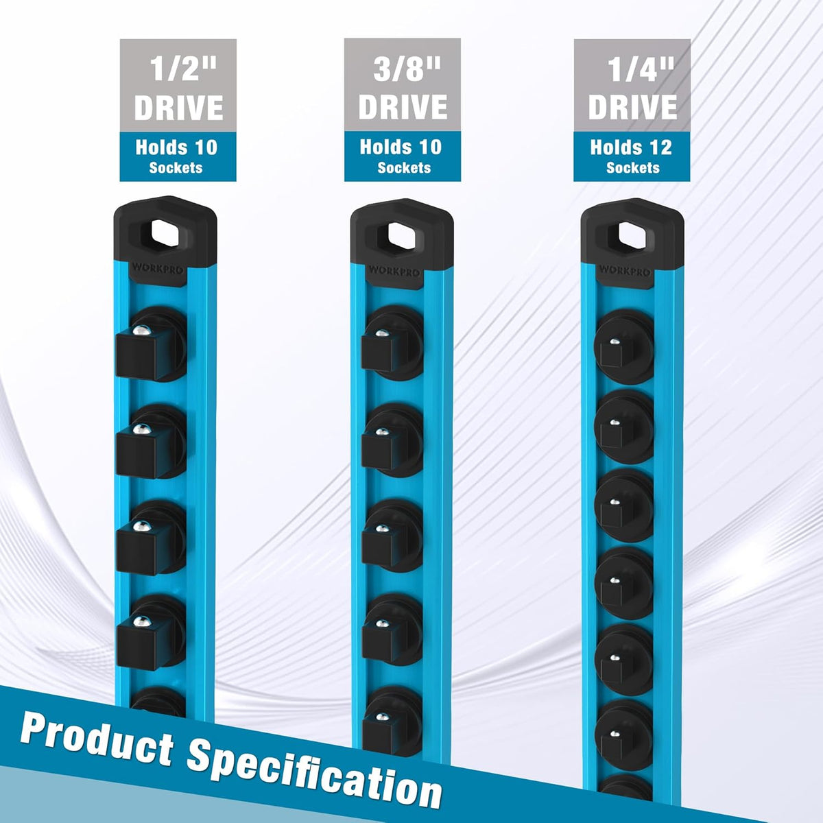 Sky blue socket organizer rails with black clips for 1/2in and 3/8in drive sockets