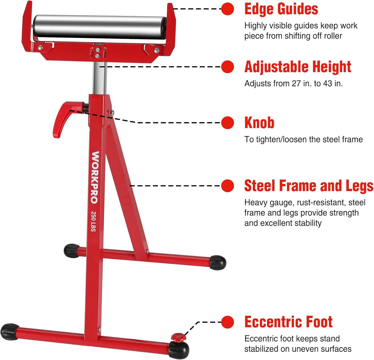 Red folding roller stand with edge guides and height-adjustable steel frame, black feet