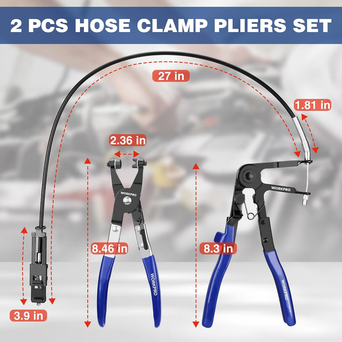 WORKPRO 2-piece hose clamp pliers set with blue handles and black steel jaws