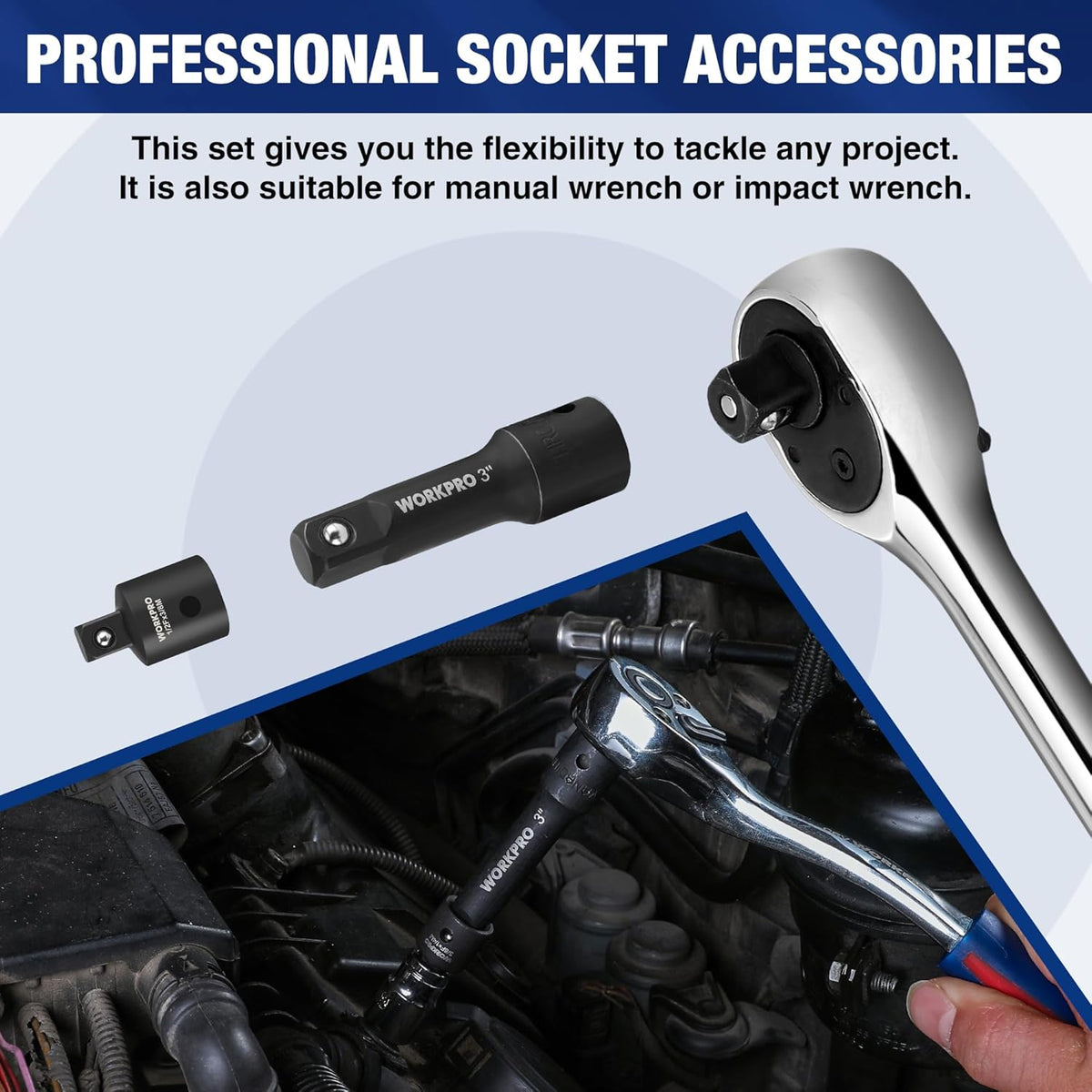 Black socket extension and universal joint accessories for impact or manual wrench use