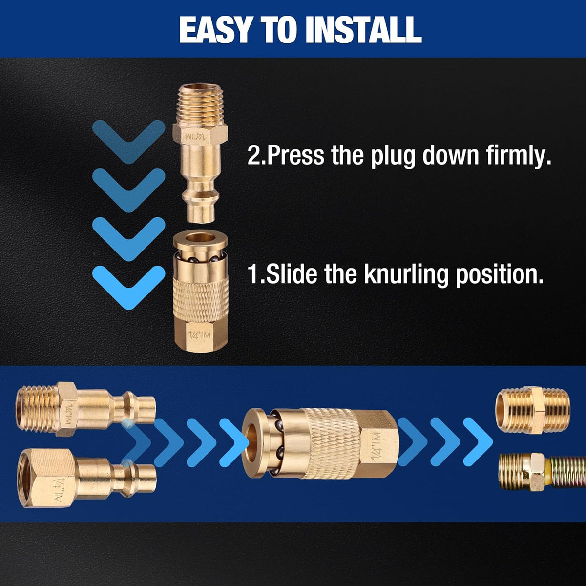 1/4 in NPT brass air hose quick-connect fitting showing plug insertion steps
