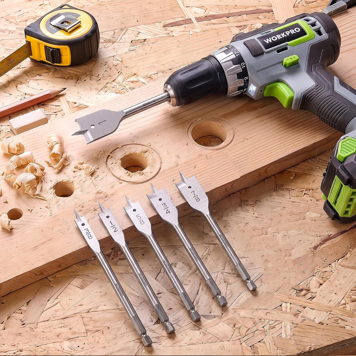 WORKPRO 6-Piece Spade Drill Bit Set with innovation, quality, durable steel bits and secure woodworking drilling