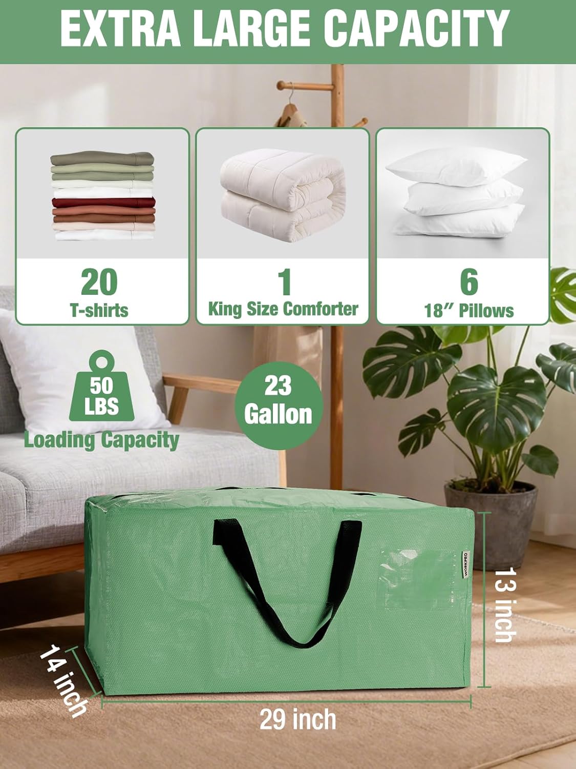 Green extra-large storage tote with black U-shaped handles and zipper closure, 29 in