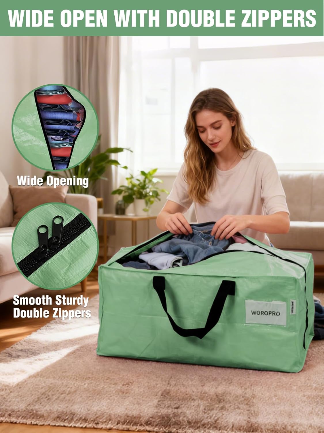 Green moving storage tote with wide opening and double zippers, packed with folded clothes