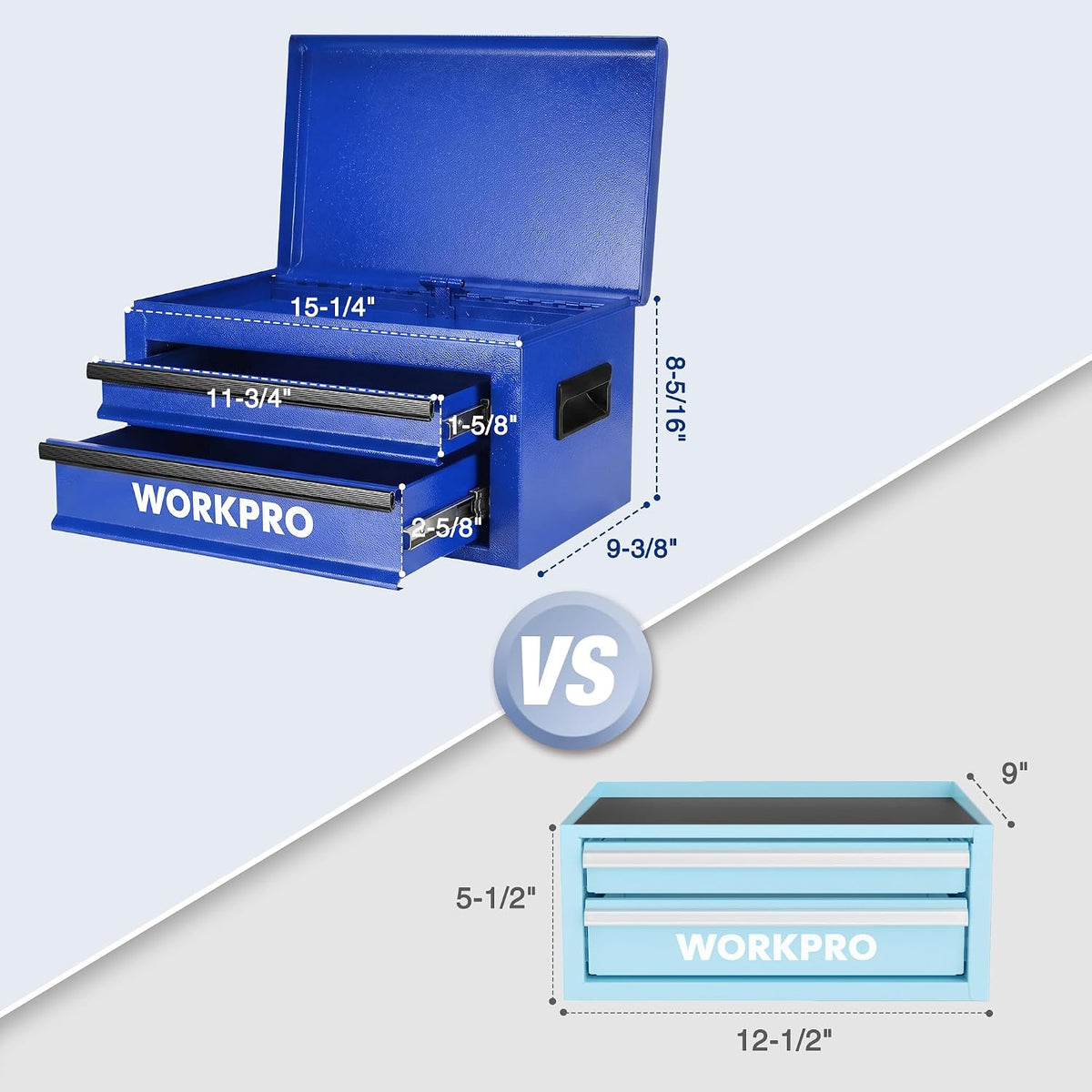 Workpro 15 inch metal tool box with two drawers and top storage, blue with integrated safety lock for workshops and garages