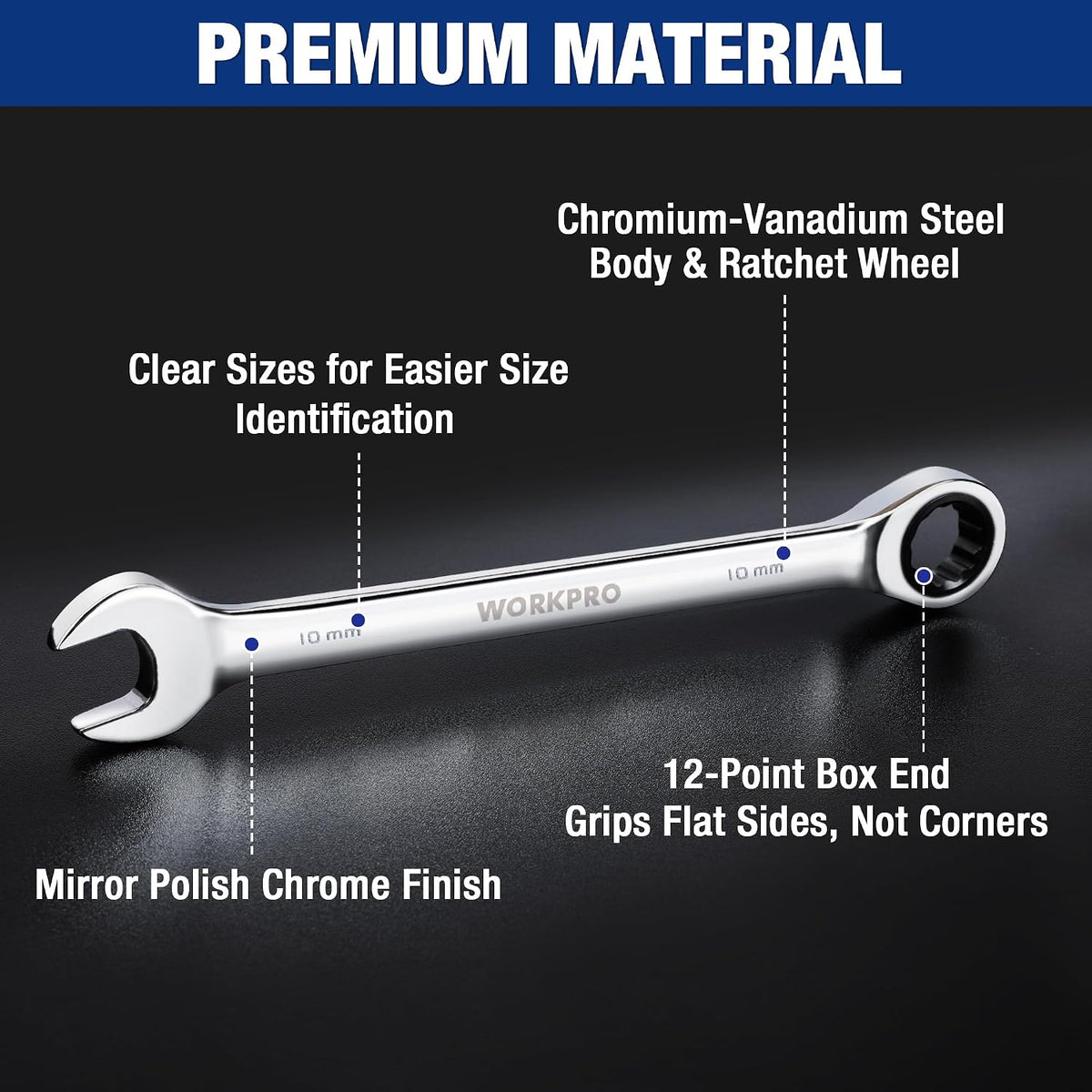 Workpro 5-piece metric ratcheting wrench set with chrome finish, CR-V steel and 12-point box ends for size identification.