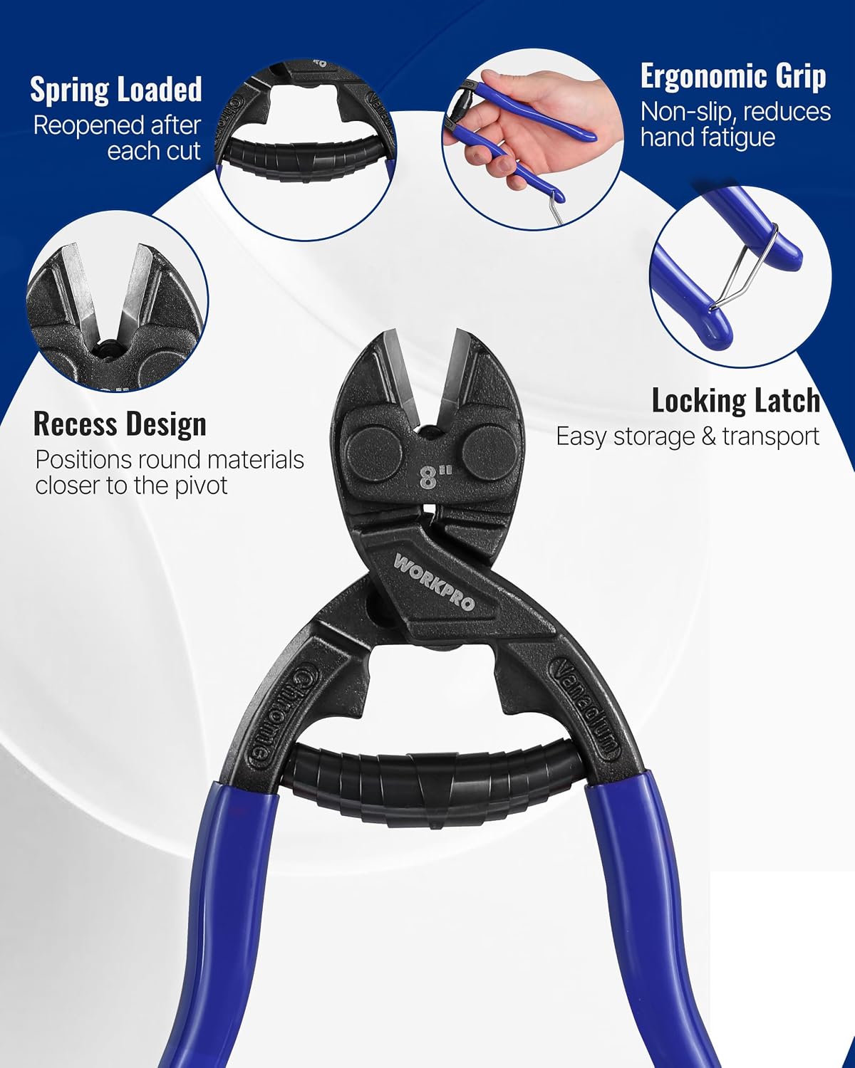 Workpro 8-inch mini bolt cutter with recess and spring in blue, with soft-grip handles and safety lock