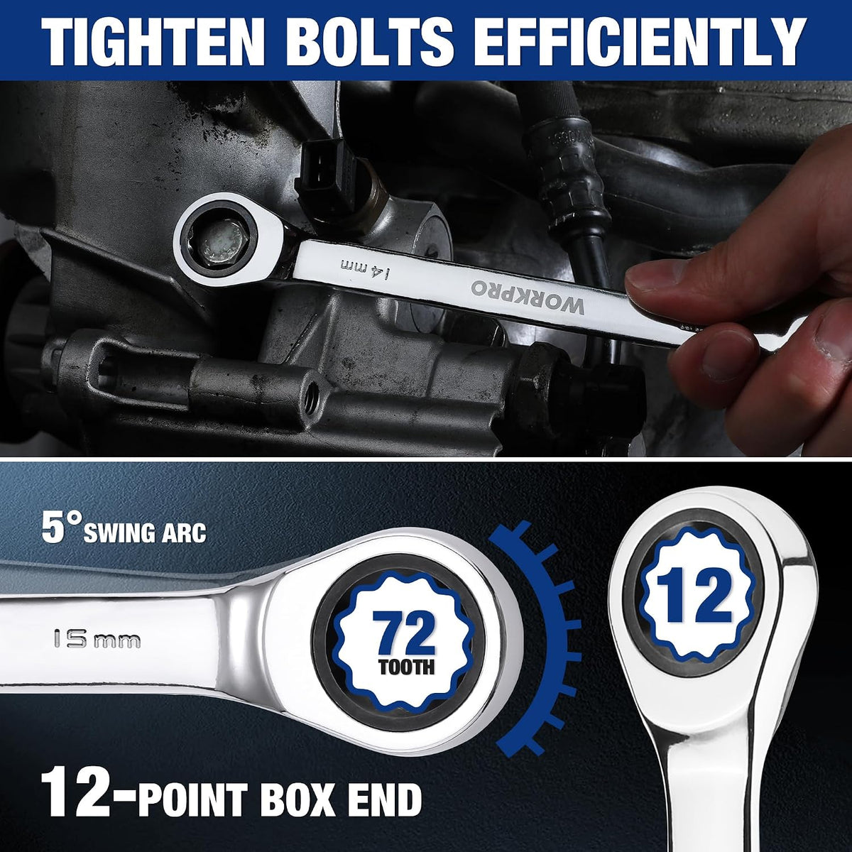 Workpro metric ratcheting wrench set with 5 degree swing arc and 72 tooth mechanism for efficient tightening