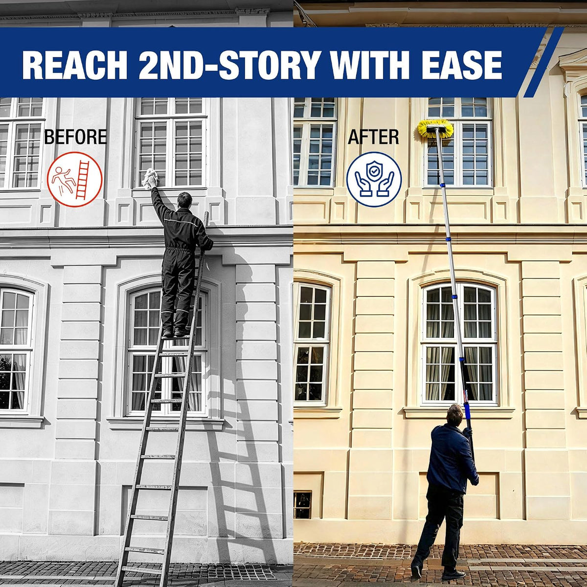 Workpro pole for painting and cleaning in blue and black with a non-slip foam grip for elevated windows