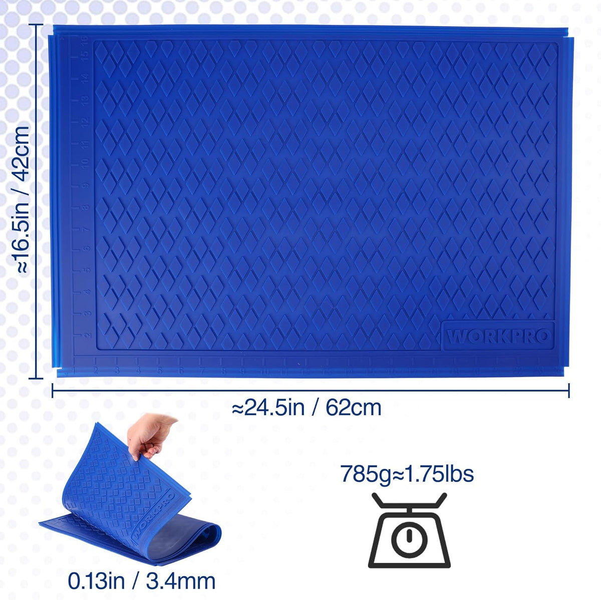 Blue silicone mat with dimensions shown: 62cm x 24.5in and 3.4mm thickness