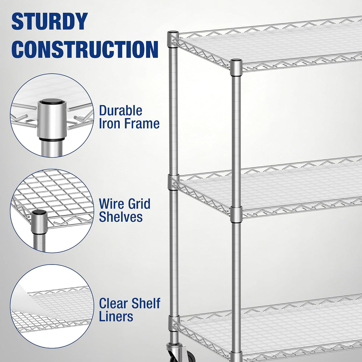 Workpro 3-tier utility cart with adjustable shelves, silver wire shelving and a durable iron frame