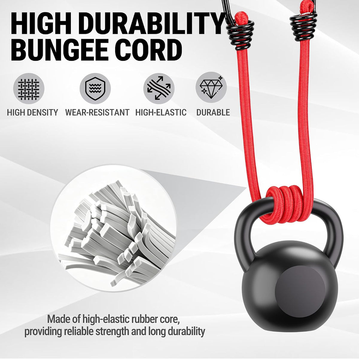 Workpro 24 inch bungee cords with hooks in red, featuring a rubber core and reinforced spiral design for durable cargo tie