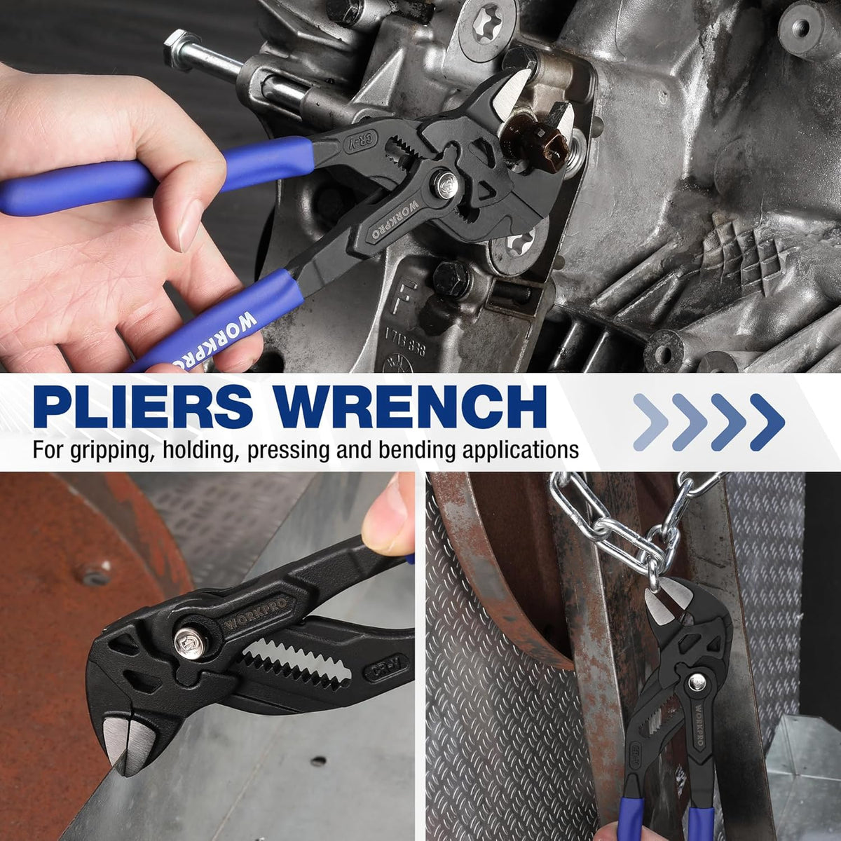 Pliers wrench gripping applications; black head with serrated jaws and blue handles