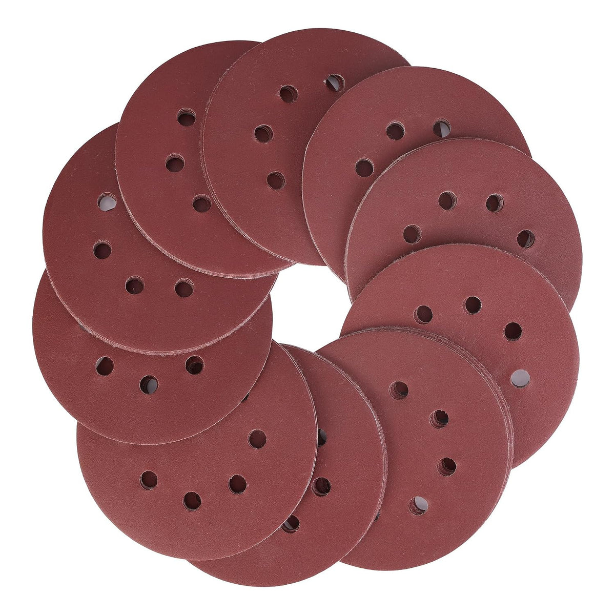 Maroon hook-and-loop sanding disc set, multiple 5-inch rounds with 8-hole pattern
