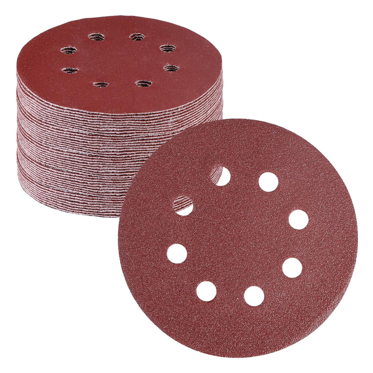 5-inch sanding discs, red-brown hook-and-loop style with 8 dust holes, stack pack