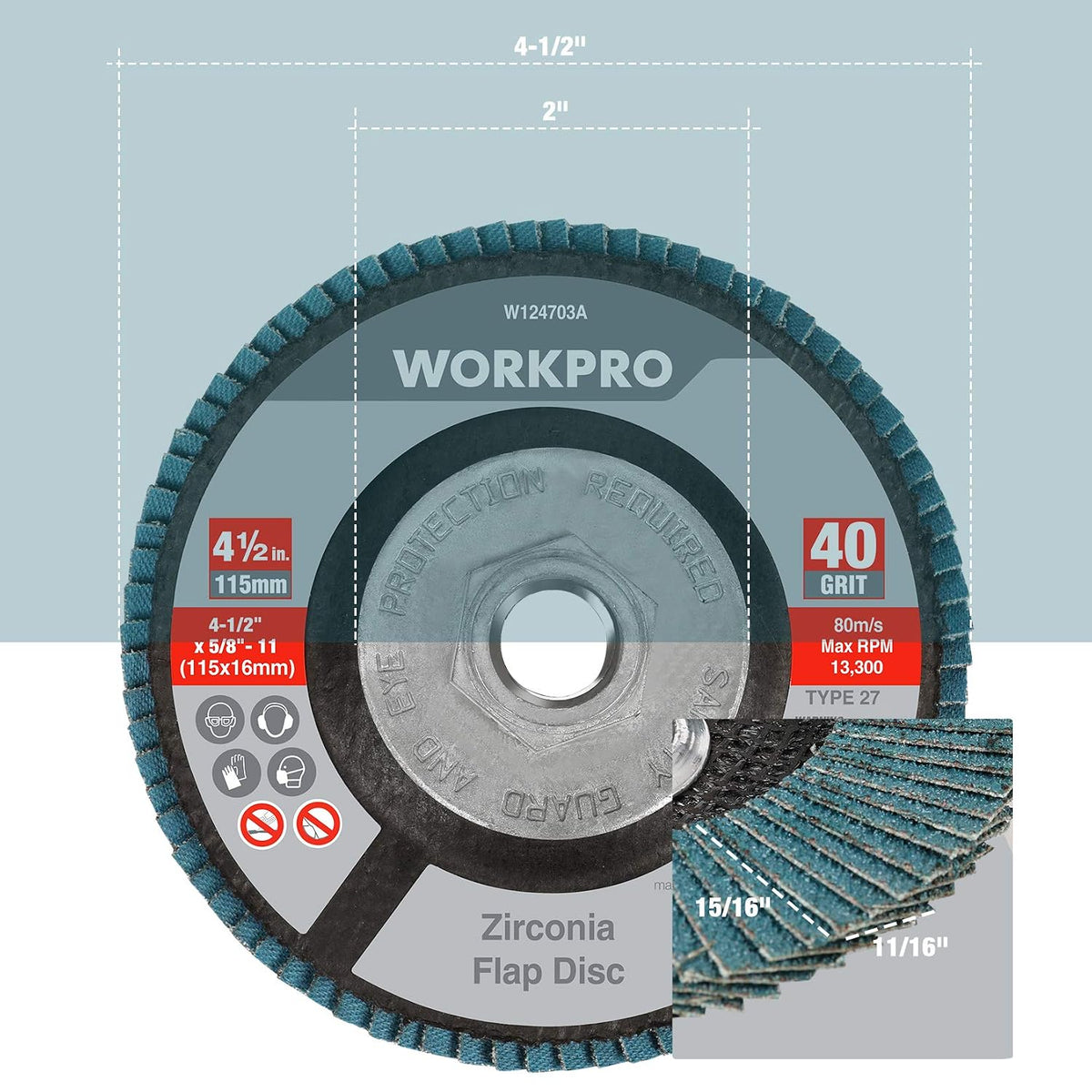 WORKPRO 5 Pack Zirconia flap disc in blue with innovation quality for metal grinding, durable and convenient