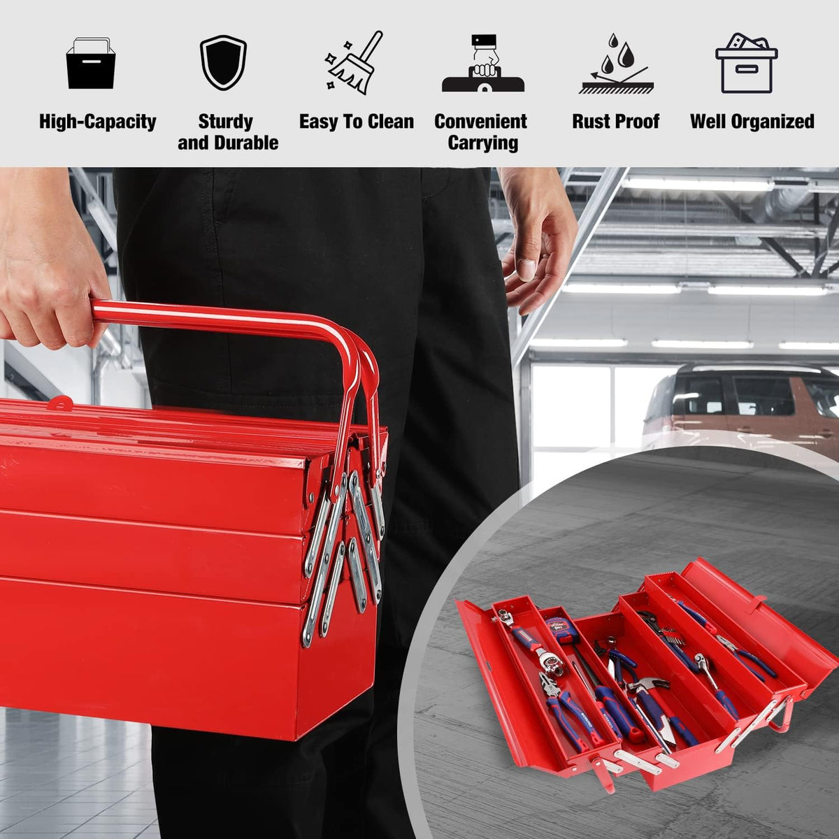Workpro metal tool box in red with durable carbon steel construction and lockable keyhole design for workshop storage