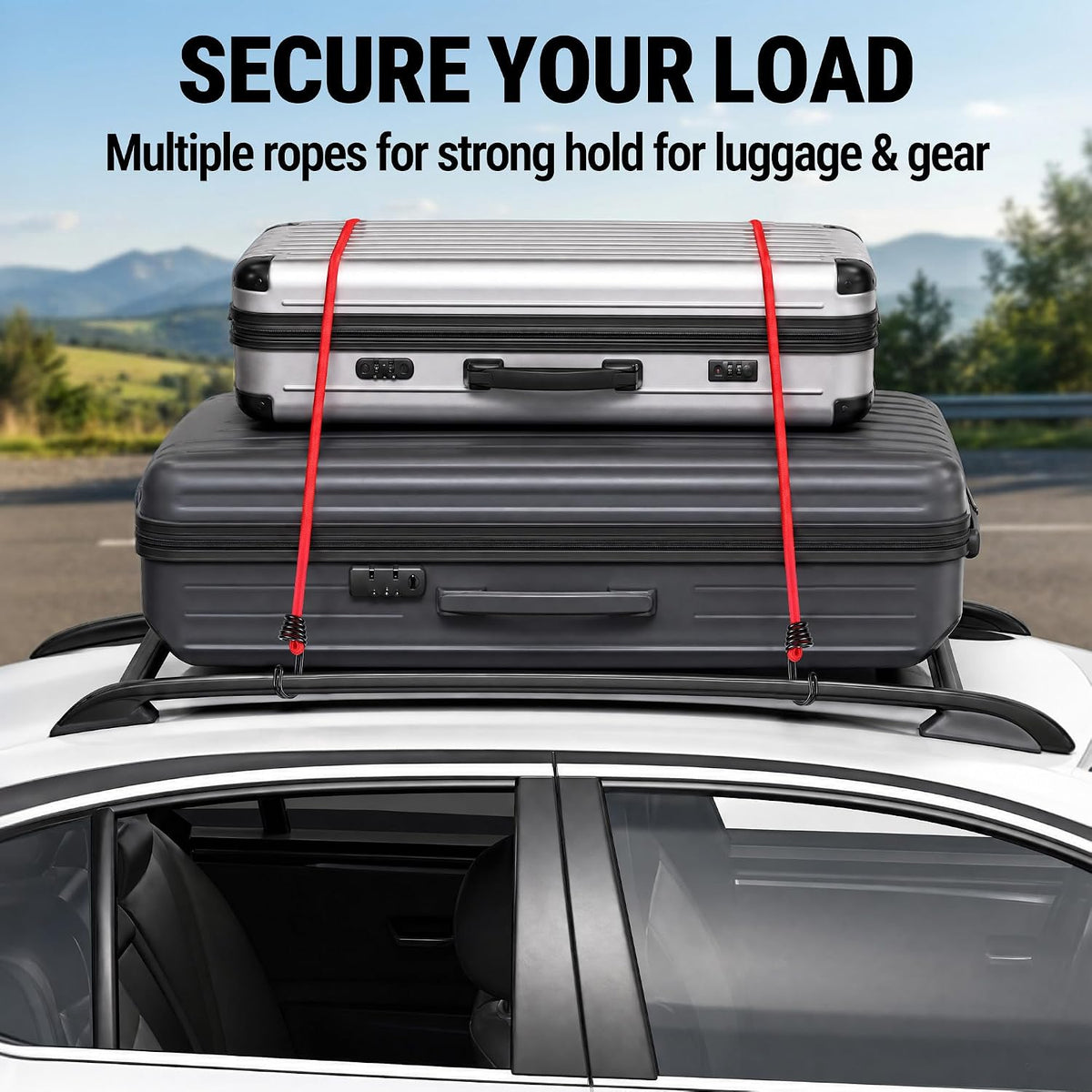 Workpro bungee cords with hooks in red, heavy duty straps to secure luggage on a vehicle roof rack