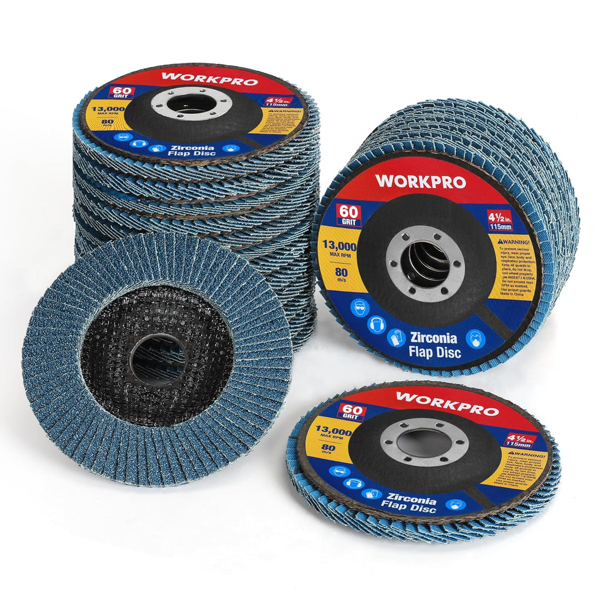 Blue zirconia flap sanding discs with black abrasive centers, 4-1/2 in size