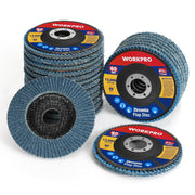 Blue zirconia flap sanding discs with black abrasive centers, 4-1/2 in size