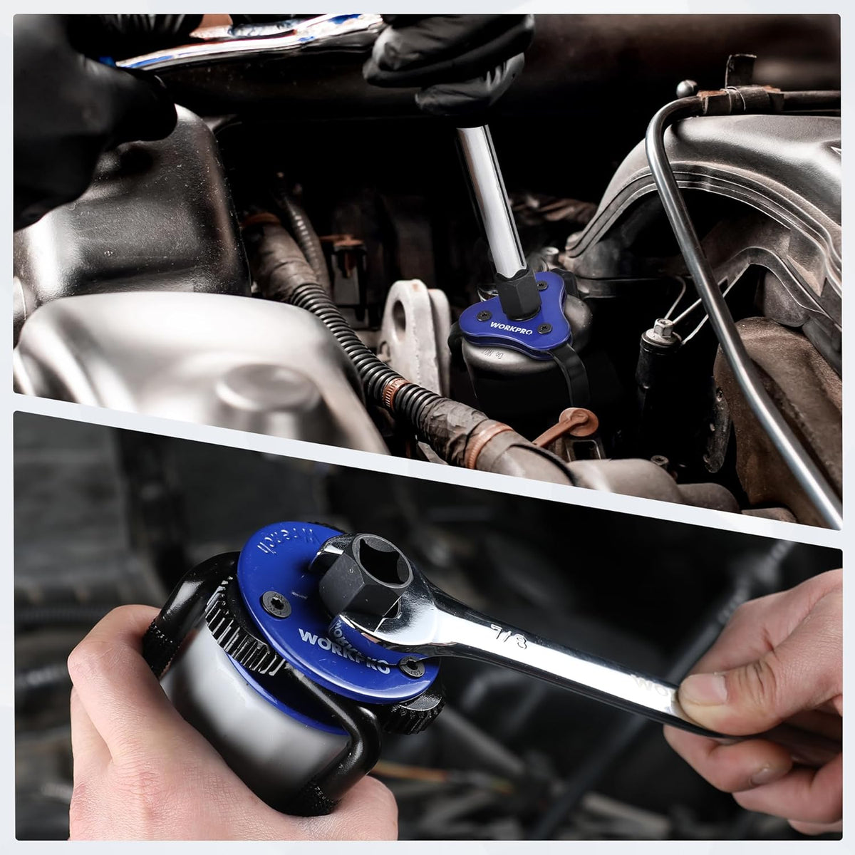 Adjustable oil filter wrench in use on an engine bay, held by a user’s hand