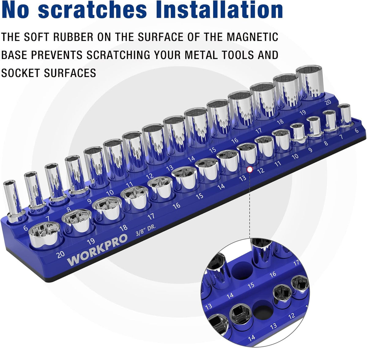 3/8-inch metric magnetic socket organizer with chrome sockets on blue base
