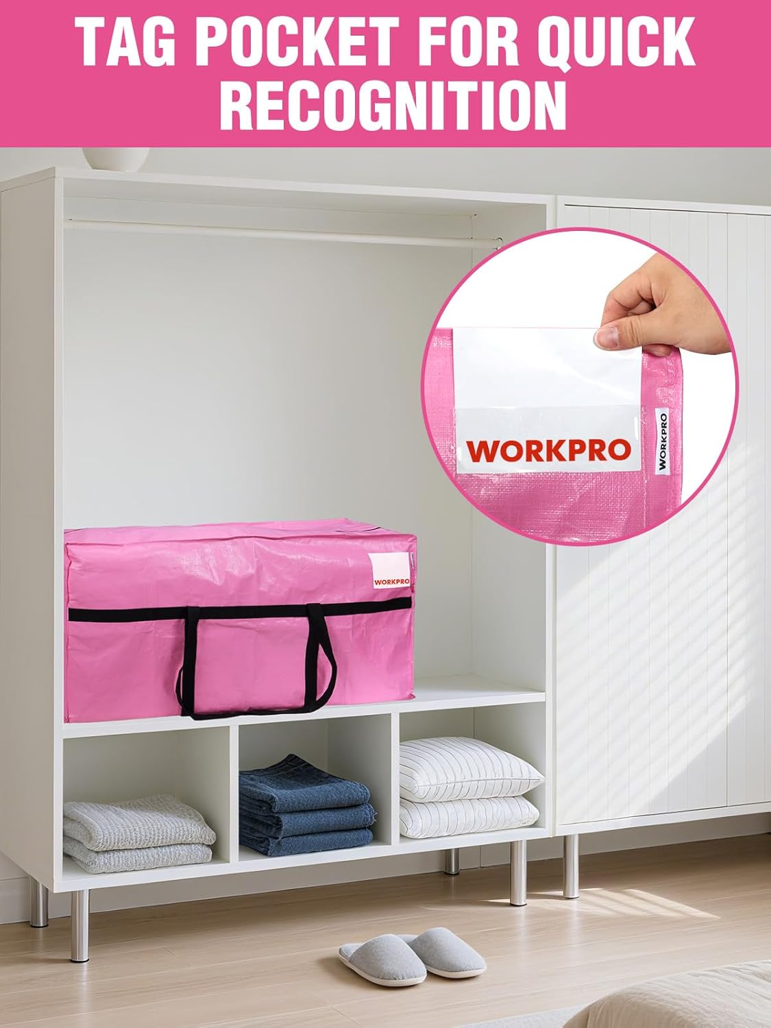 Pink storage bag with label tag pocket on front; black handle straps visible.