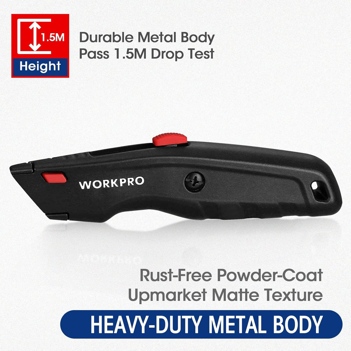 Black retractable utility knife with red top button and matte heavy-duty metal body