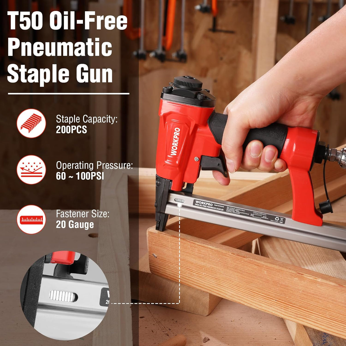 Pneumatic staple gun with red body and black handle, firing staples into wood trim