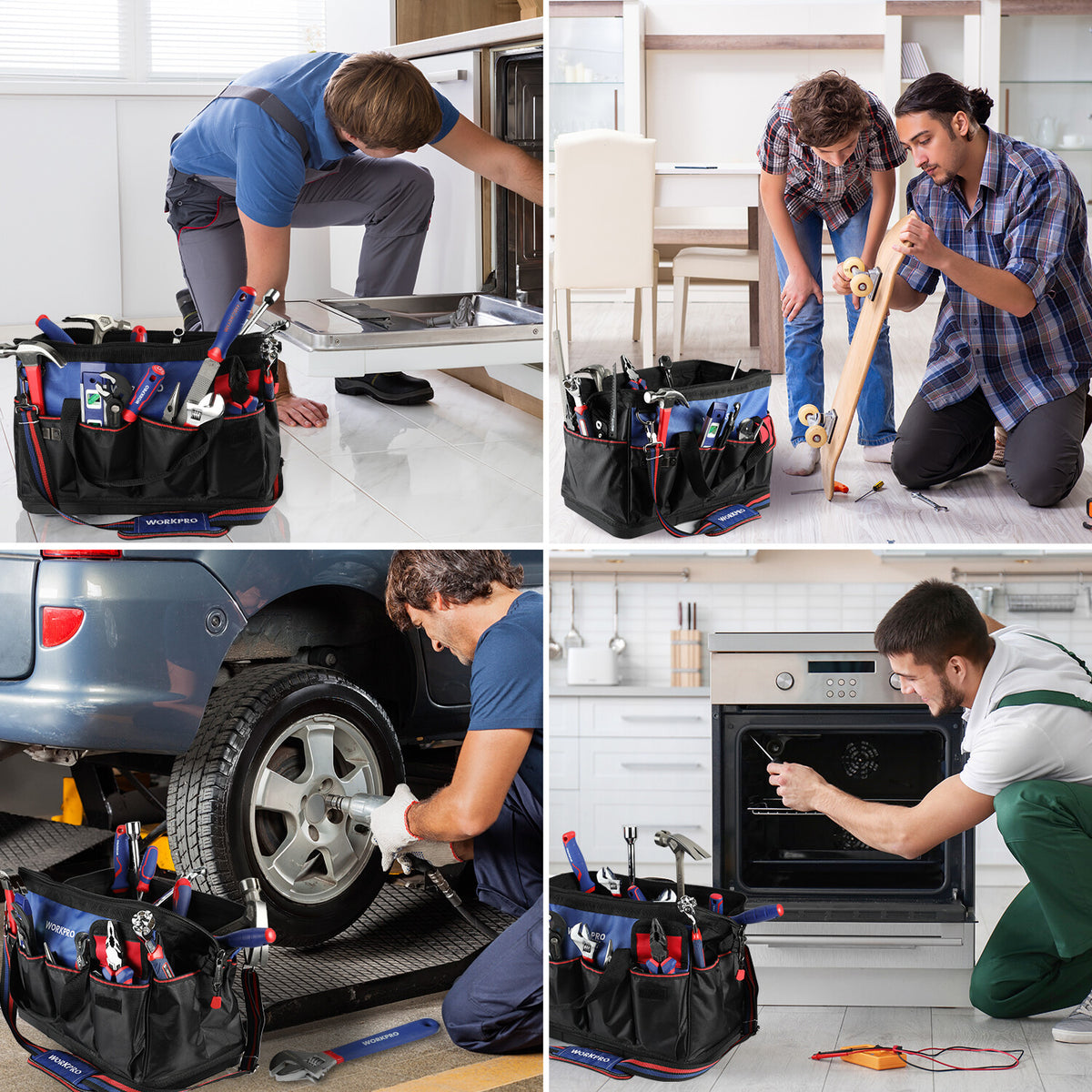 WORKPRO 18 inch tool tote bag in black with innovation, quality, durable, secure, convenient storage for jobsites