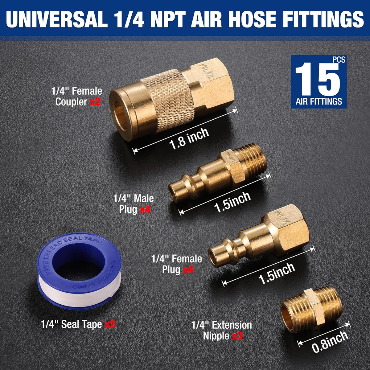 1/4 in NPT brass air hose fitting kit with coupler, plug, extension, and seal tape