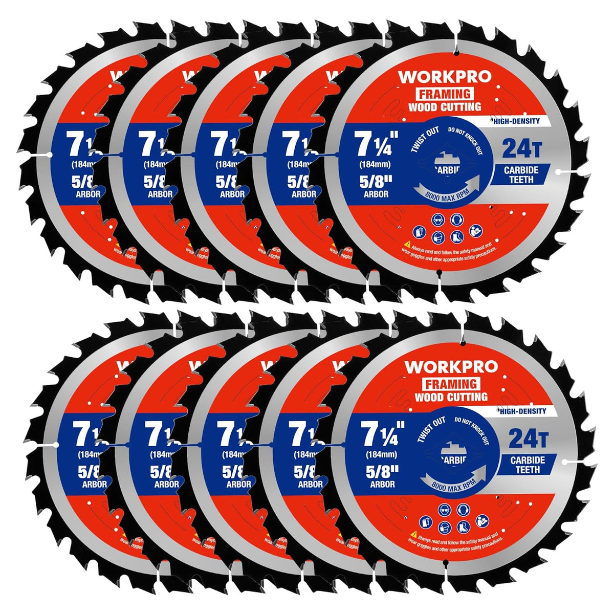 7-1/4 in circular saw blade set, 24T carbide ATB, thin kerf, 10-pack
