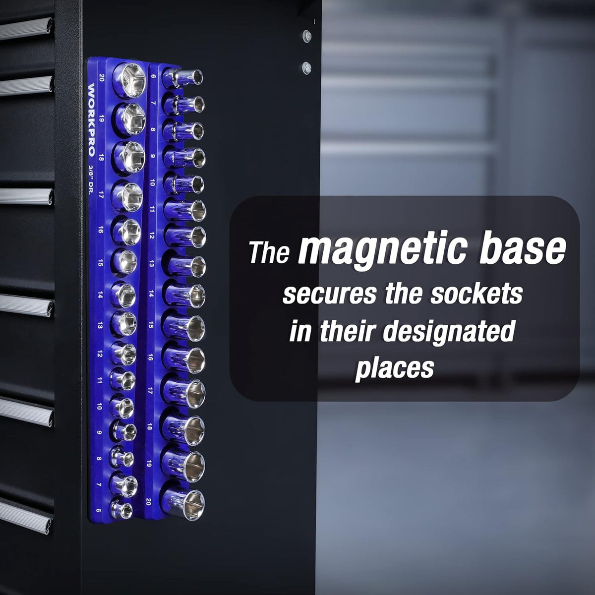 Side view of magnetic socket organizer with chrome sockets on blue base