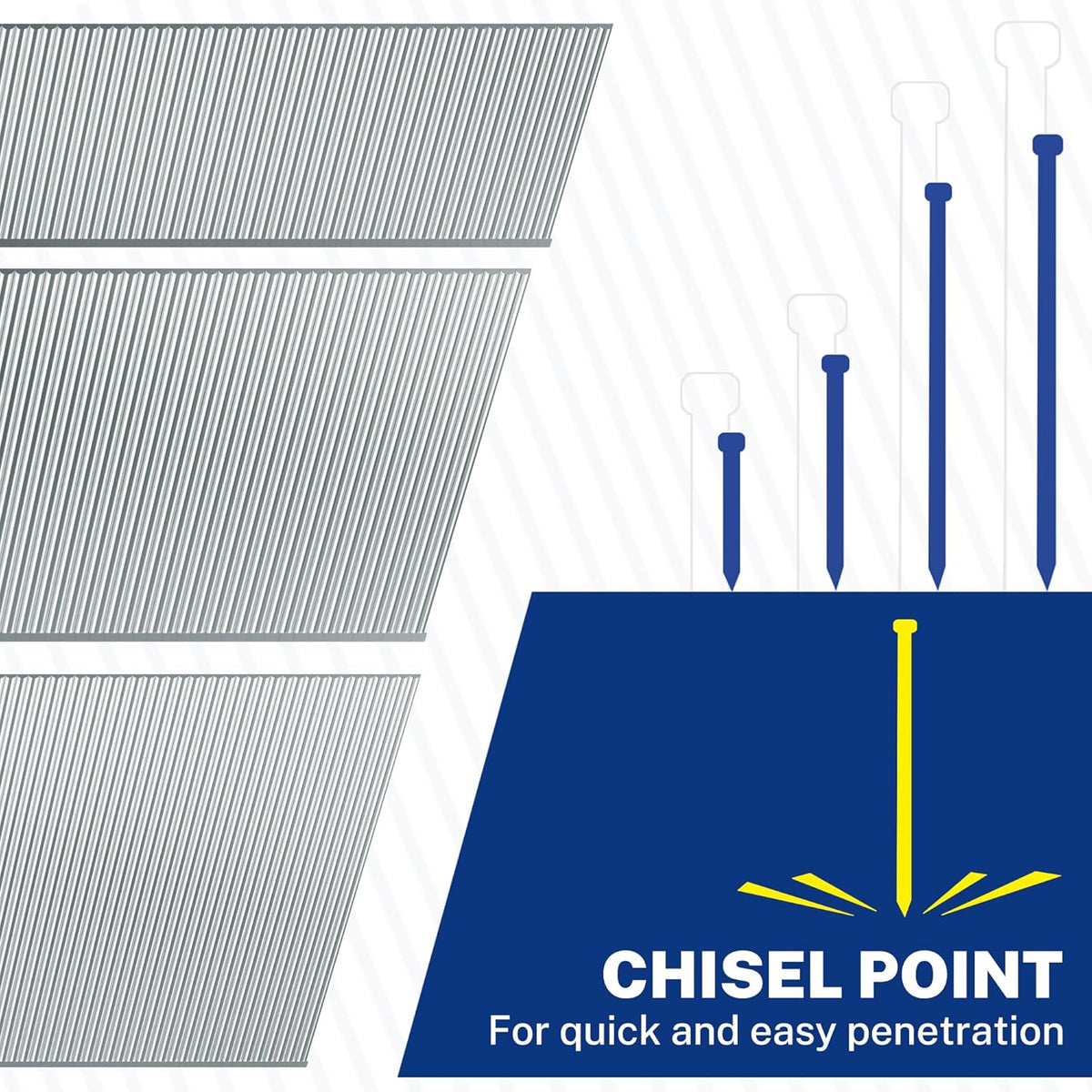 18-gauge brad nails with chisel point tips for quick, easy penetration