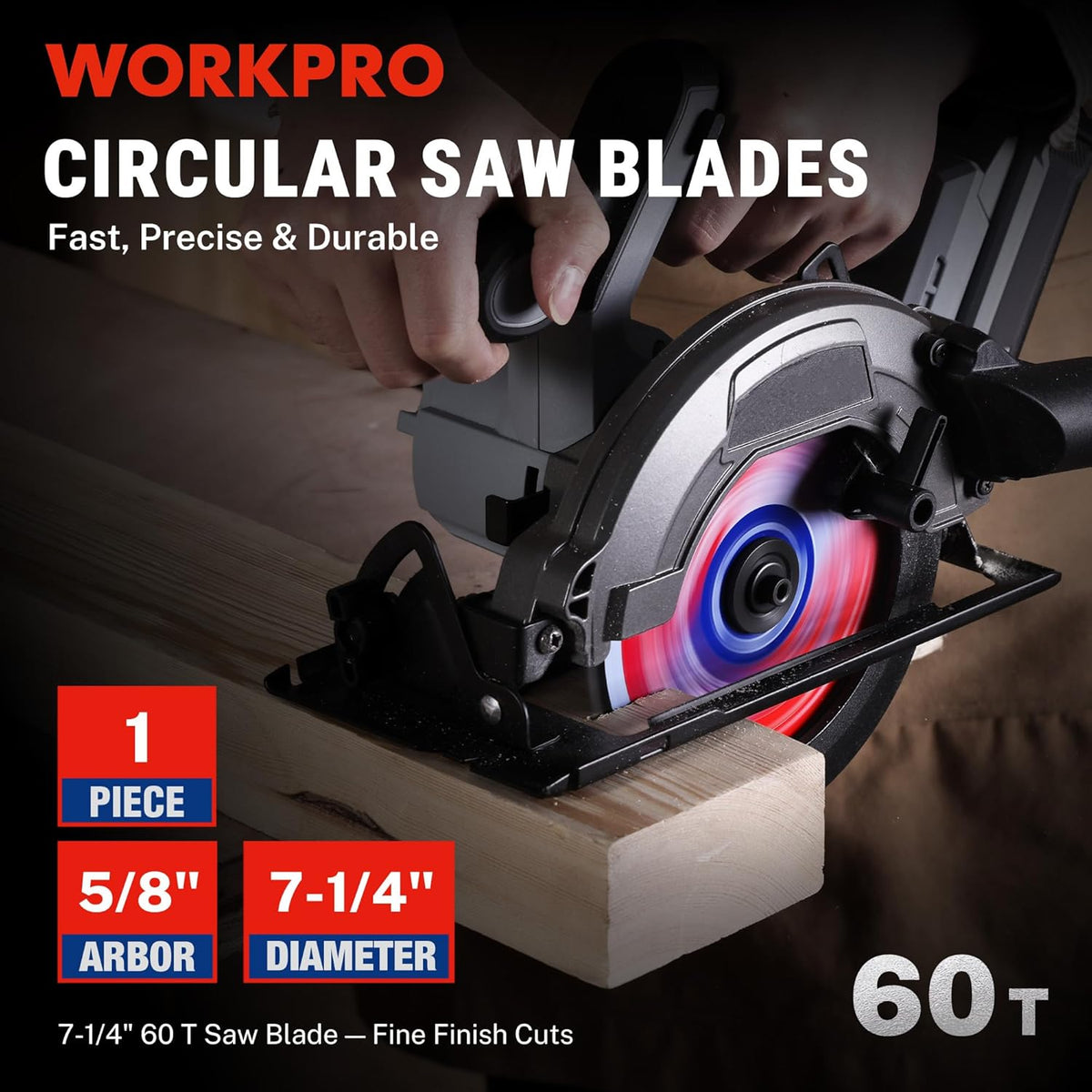 WORKPRO circular saw blade with red/blue label, 7-1/4 in diameter and 60T carbide teeth