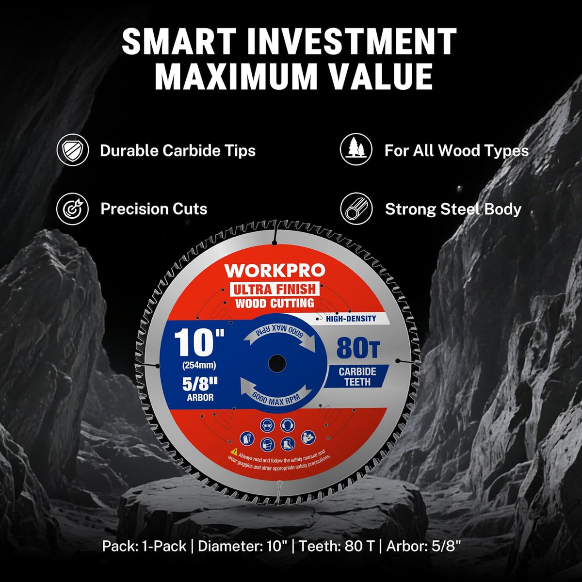 Circular saw blade pack: 10 in diameter, 80T carbide teeth, 5/8 in arbor for woodworking