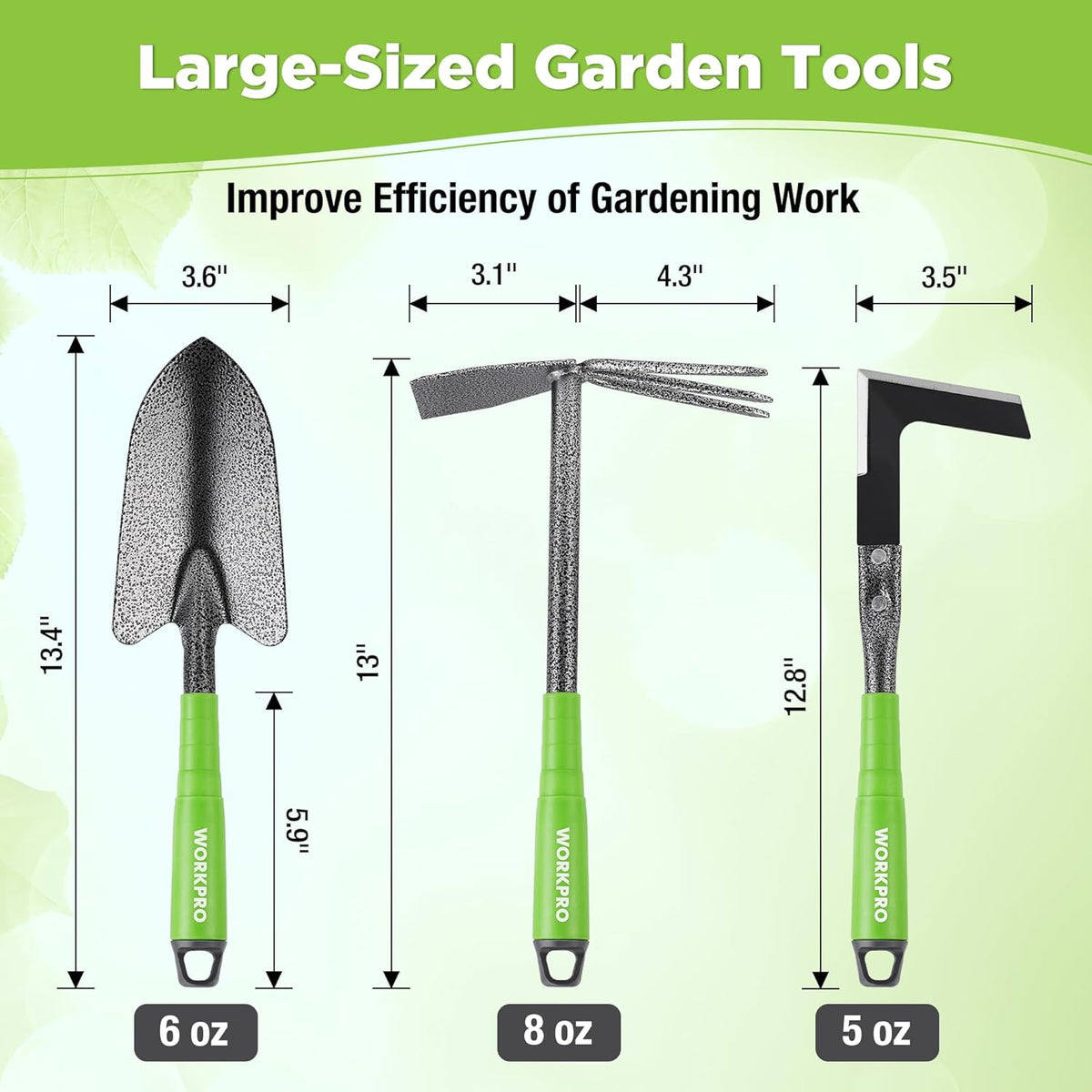 Assorted garden hand tools with textured metal heads and green rubber handles