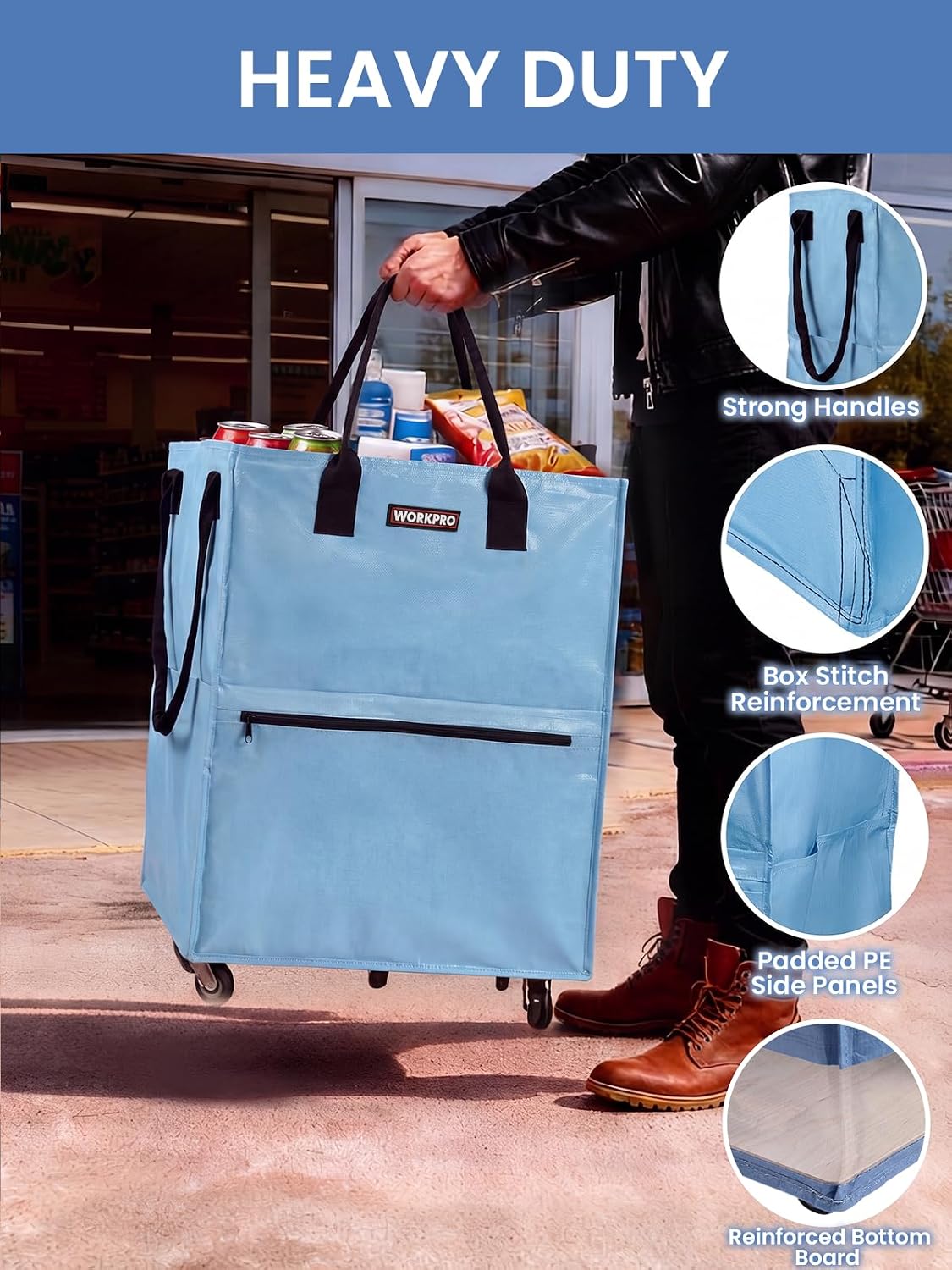 Light blue heavy-duty rolling tote with reinforced bottom and padded side PE panels
